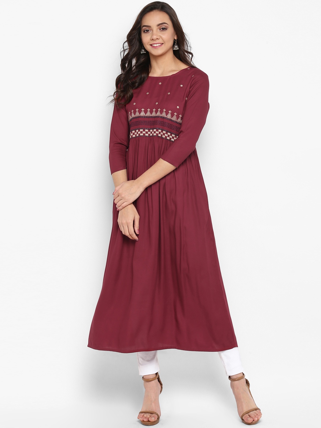 

Janasya Women Maroon Solid A-Line Kurta