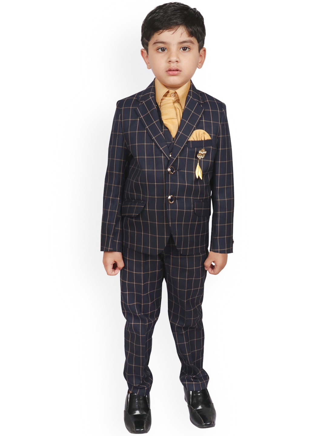 

SG YUVRAJ Boys Navy Blue & Gold-Toned Checked Single-Breasted Suit