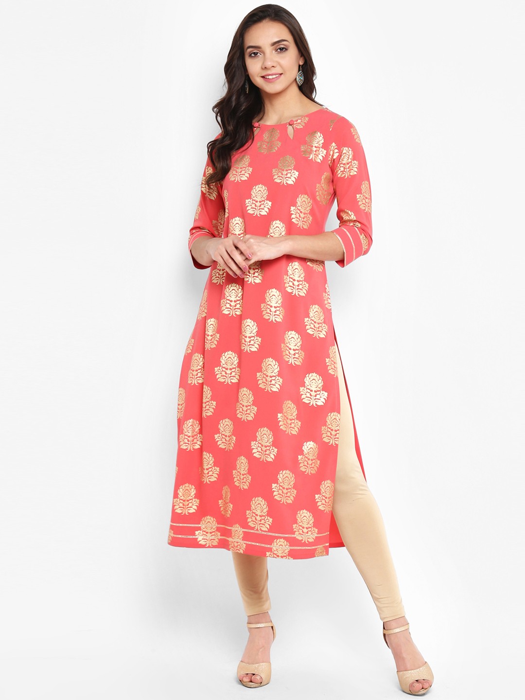 

Janasya Women Peach-Coloured Printed Straight Kurta