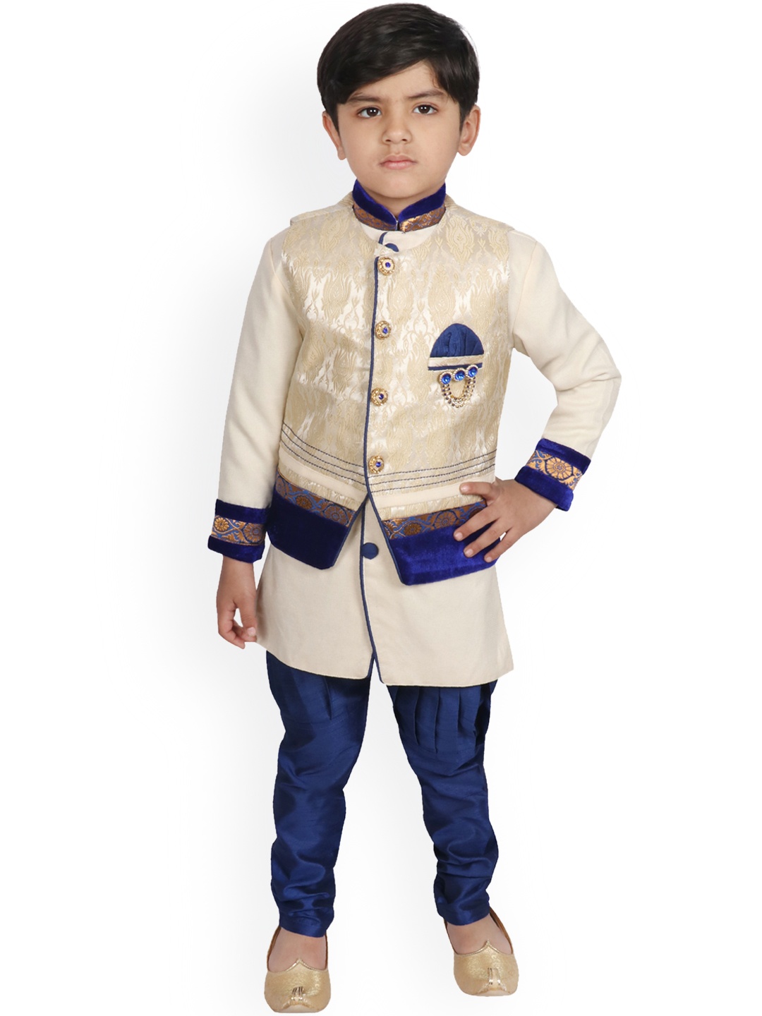 

SG YUVRAJ Boys Cream-Coloured & Blue Self Design Kurta with Pyjamas & Waistcoat