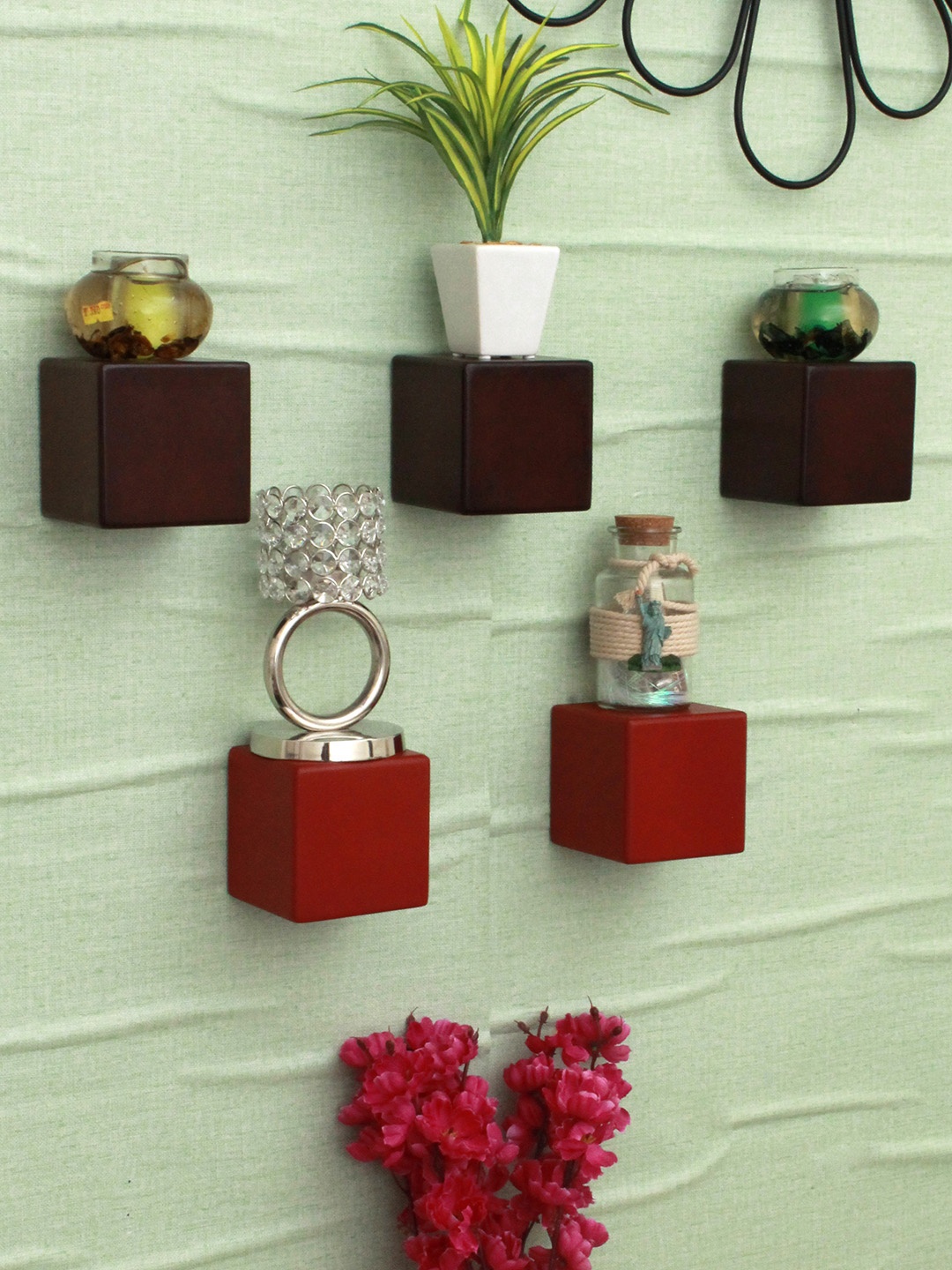

Home Sparkle Brown & Red Set of 5 MDF Basic Wall Shelf