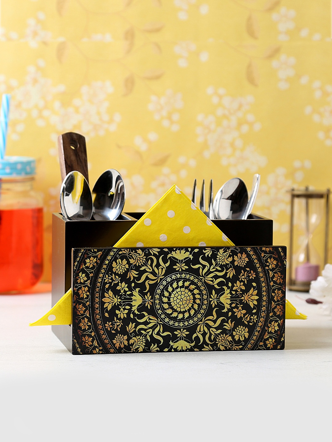 

Reinvention Factory Black & Yellow Printed Wooden Cutlery & Tissue Holder