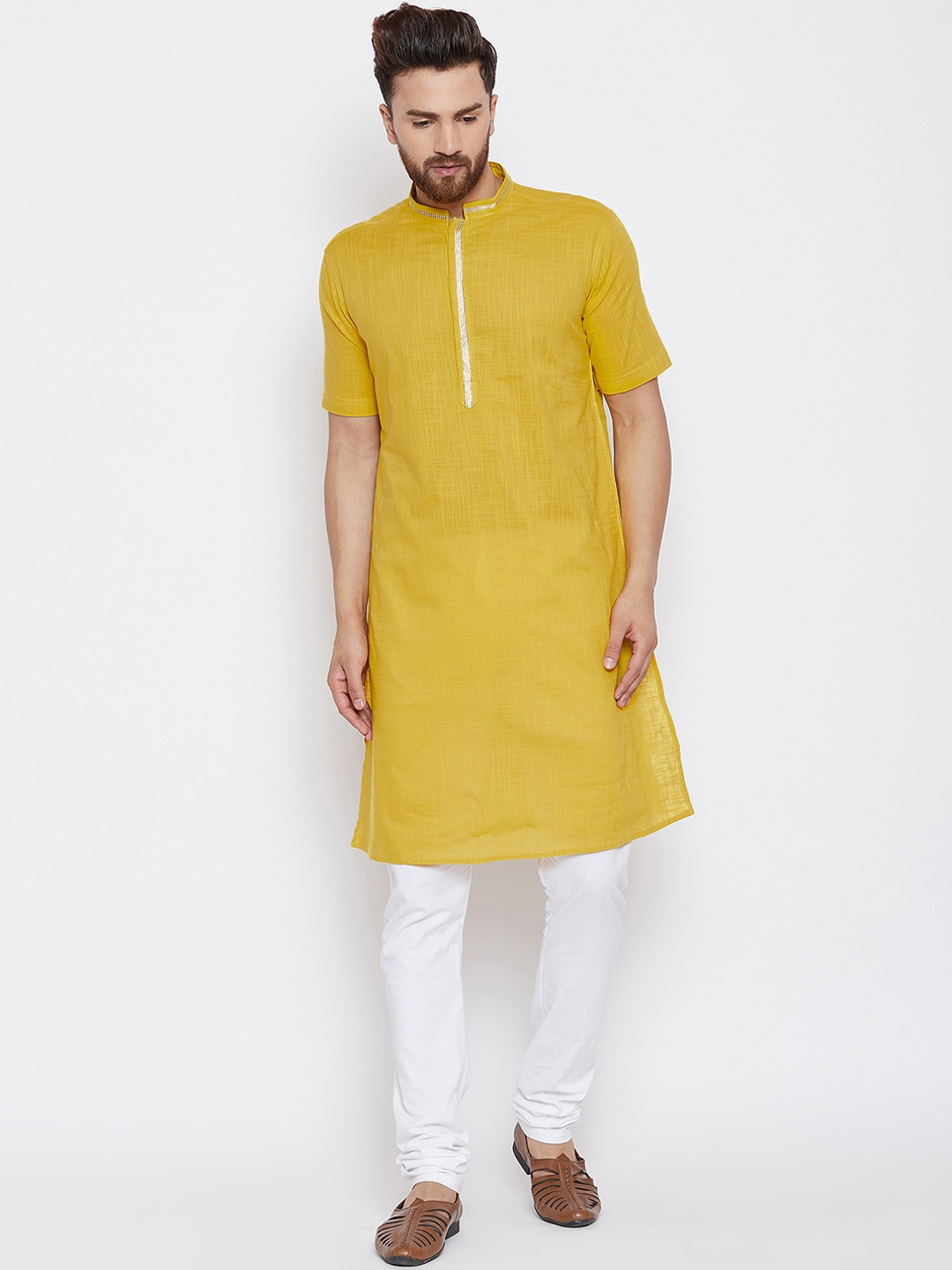 

even Men Yellow Solid Straight Kurta
