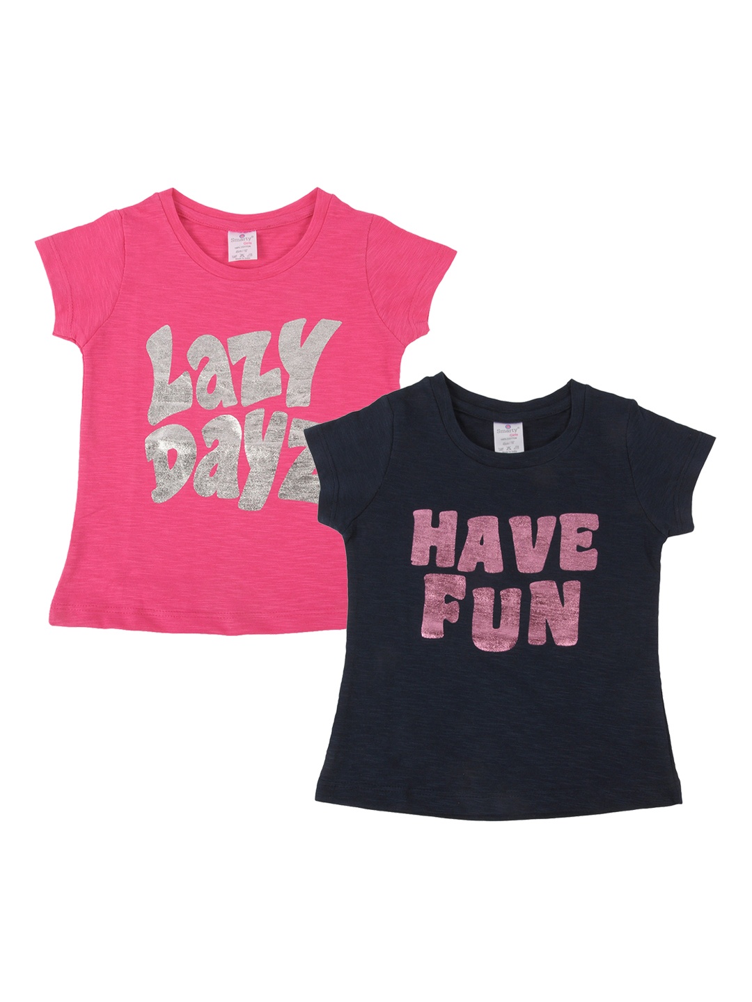 Smarty Girls Pack Of 2 Printed Pure Cotton Tops, Pink