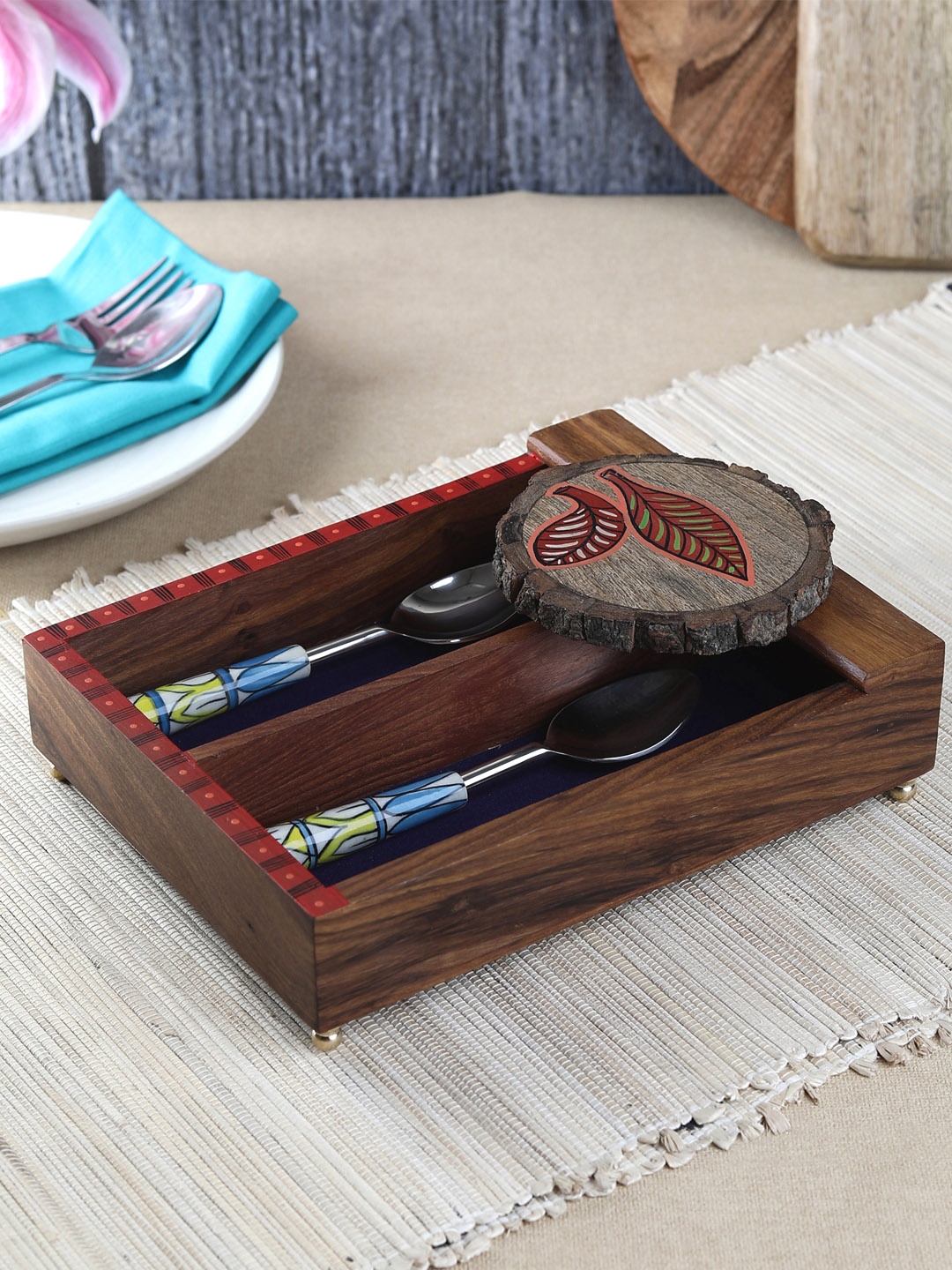 

VarEesha Brown & Red Hand-Painted Leaf Mango Wood Partitioned Cutlery Holder