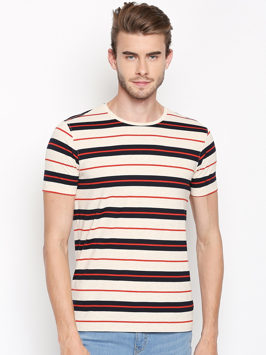 

Urban Ranger by pantaloons Men Beige Striped Round Neck Pure Cotton T-shirt