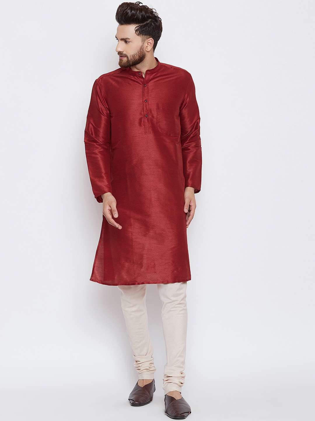 even Men Maroon Solid Straight Kurta
