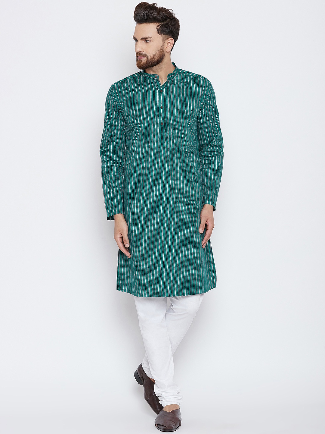 

even Men Green Striped Straight Kurta