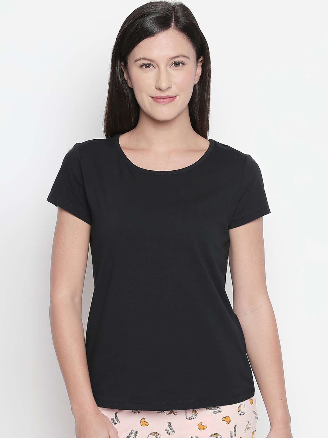

Dreamz by Pantaloons Women Black Solid Round Neck Pure Cotton Lounge T-shirt