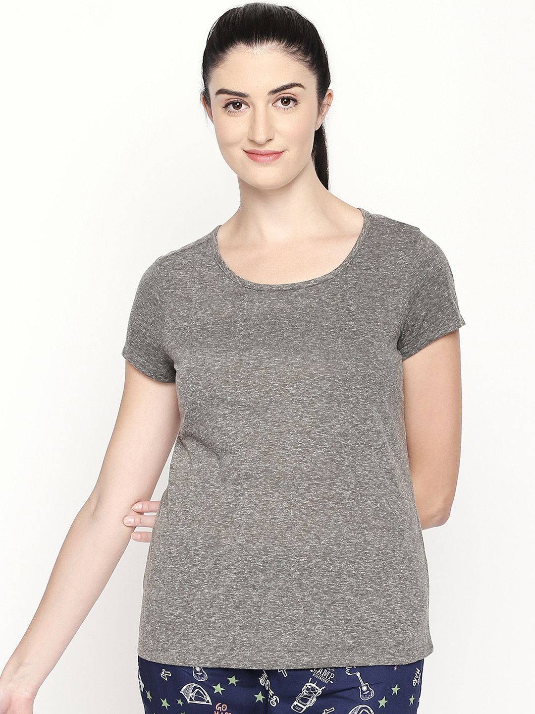 

Dreamz by Pantaloons Women Grey Solid Round Neck Pure Cotton Lounge T-shirt
