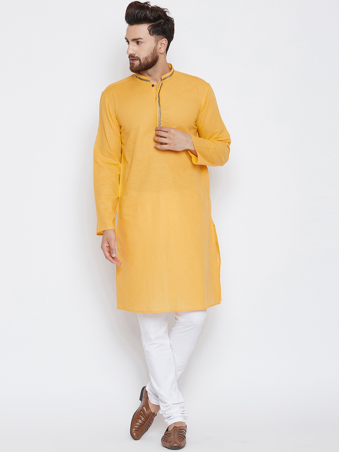 

even Men Yellow Solid Straight Kurta