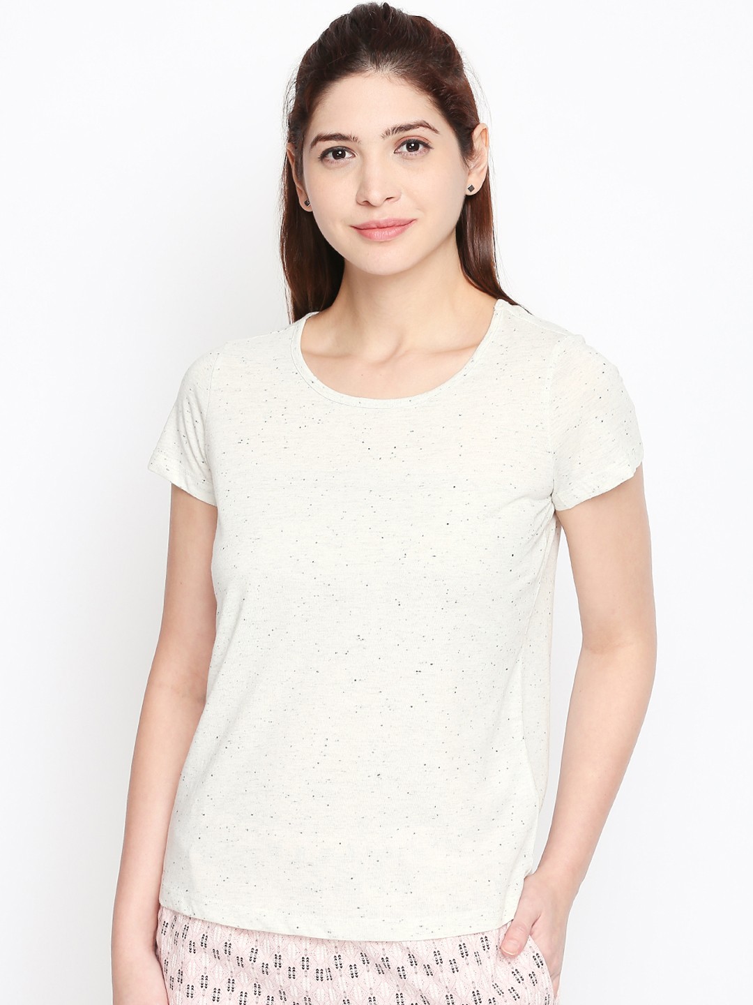 

Dreamz by Pantaloons Women Off-White Solid Round Neck Pure Cotton Lounge T-shirt