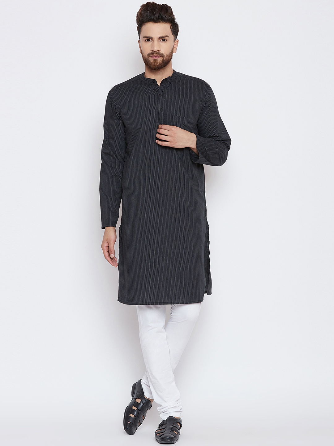 

even Men Black Striped Straight Kurta