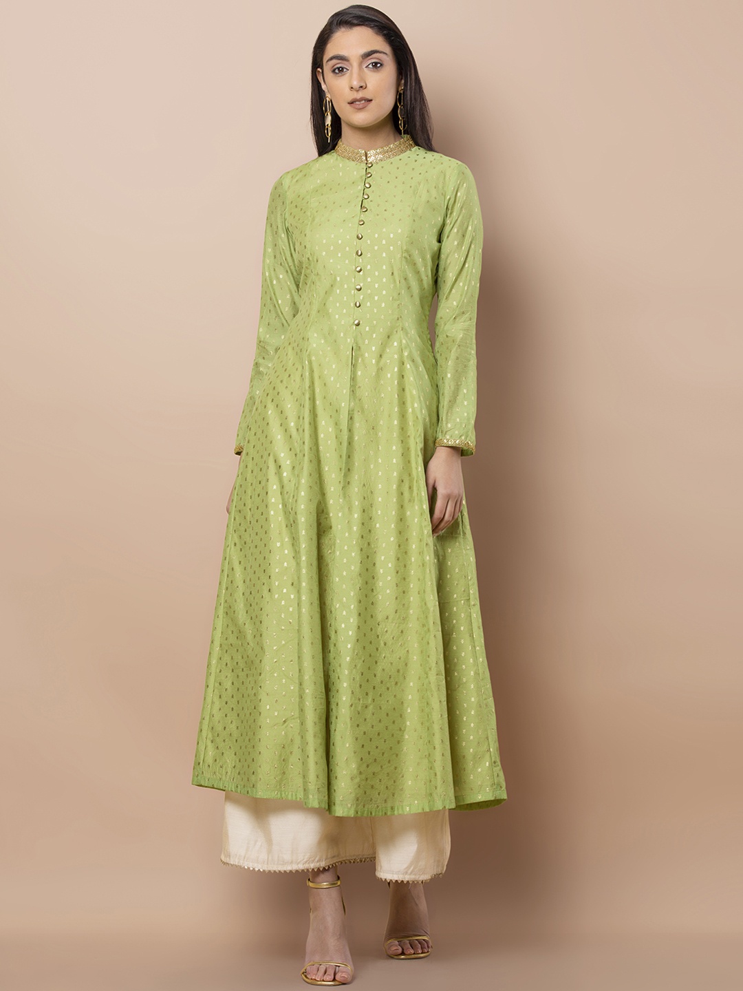

INDYA Women Green Woven Design A-Line Kurta
