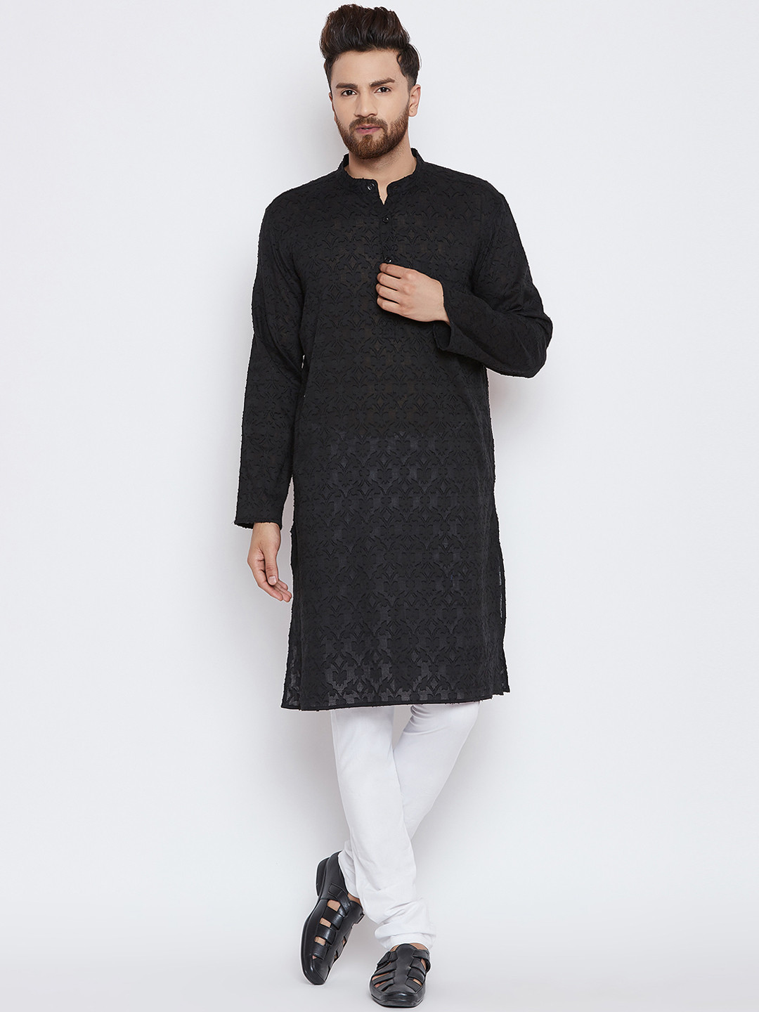 

even Men Black Woven Design Straight Kurta