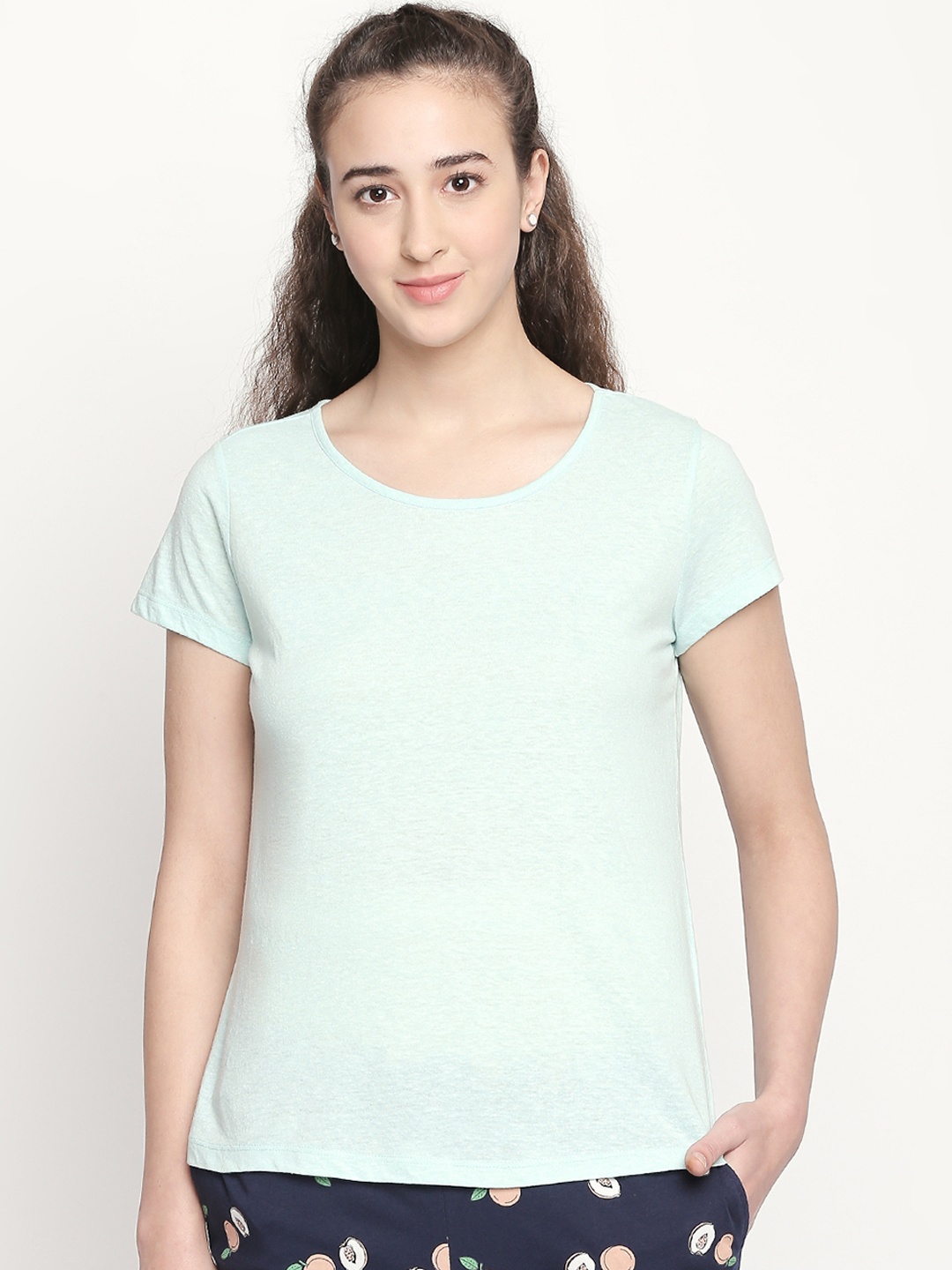 

Dreamz by Pantaloons Women Green Solid Round Neck Pure Cotton Lounge T-shirt