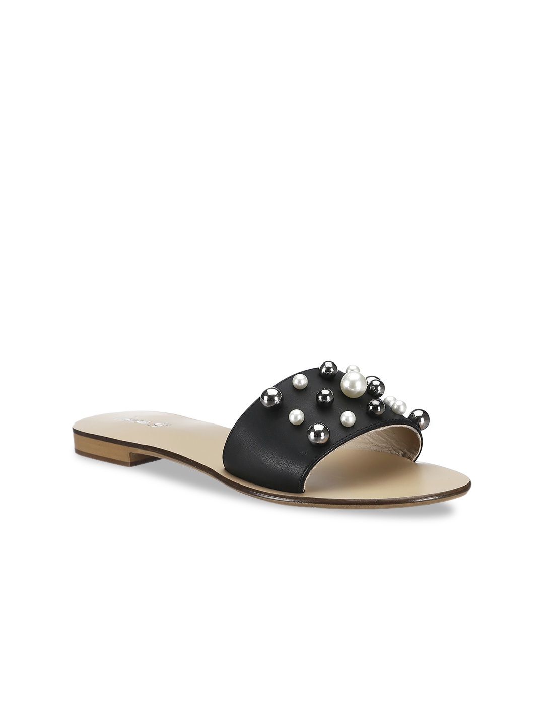 

Saint G Women Black Solid Leather Open Toe Flats