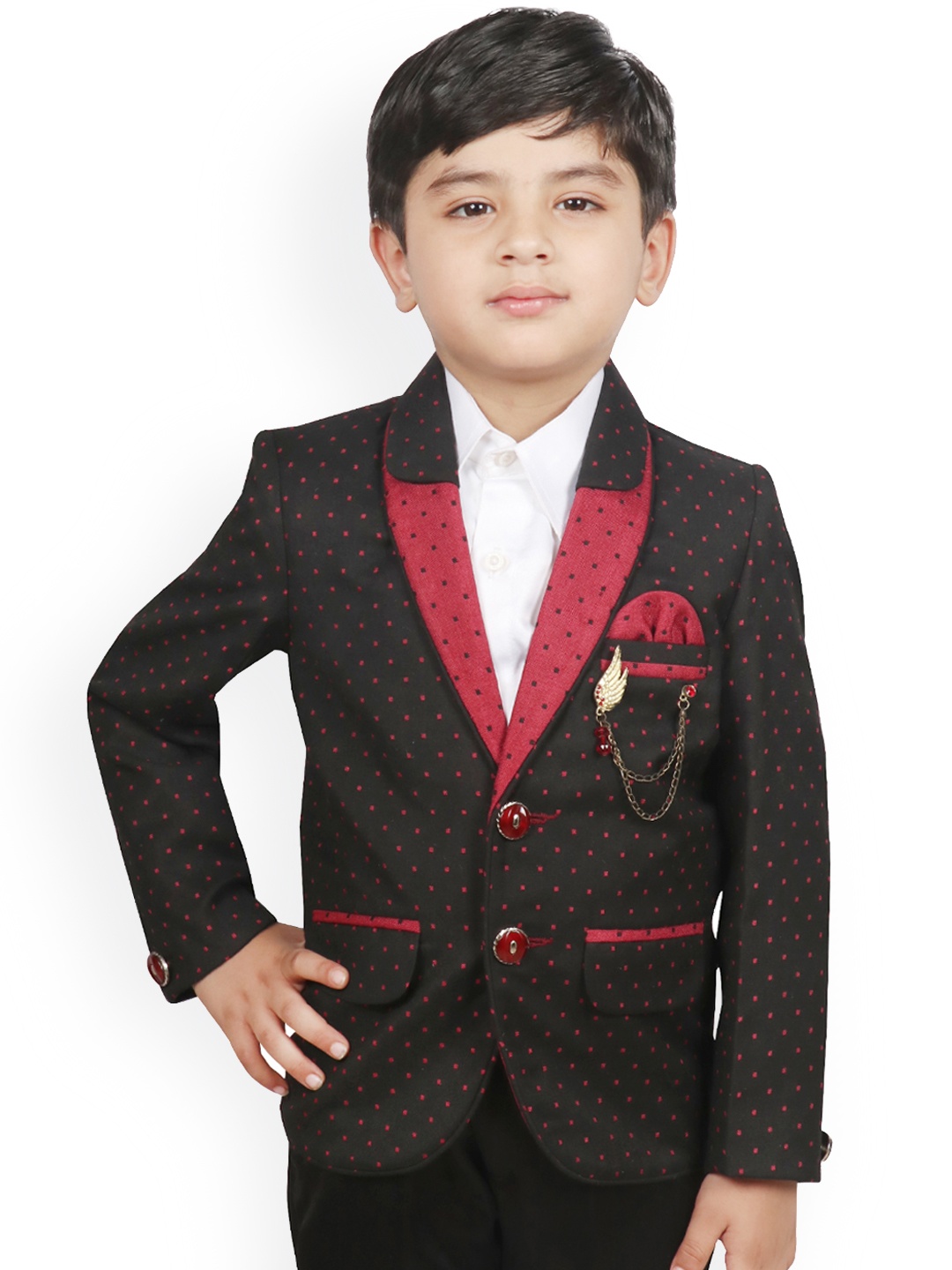 

SG YUVRAJ Boys Black & Maroon Self Design Regular-Fit Single-Breasted Blazer