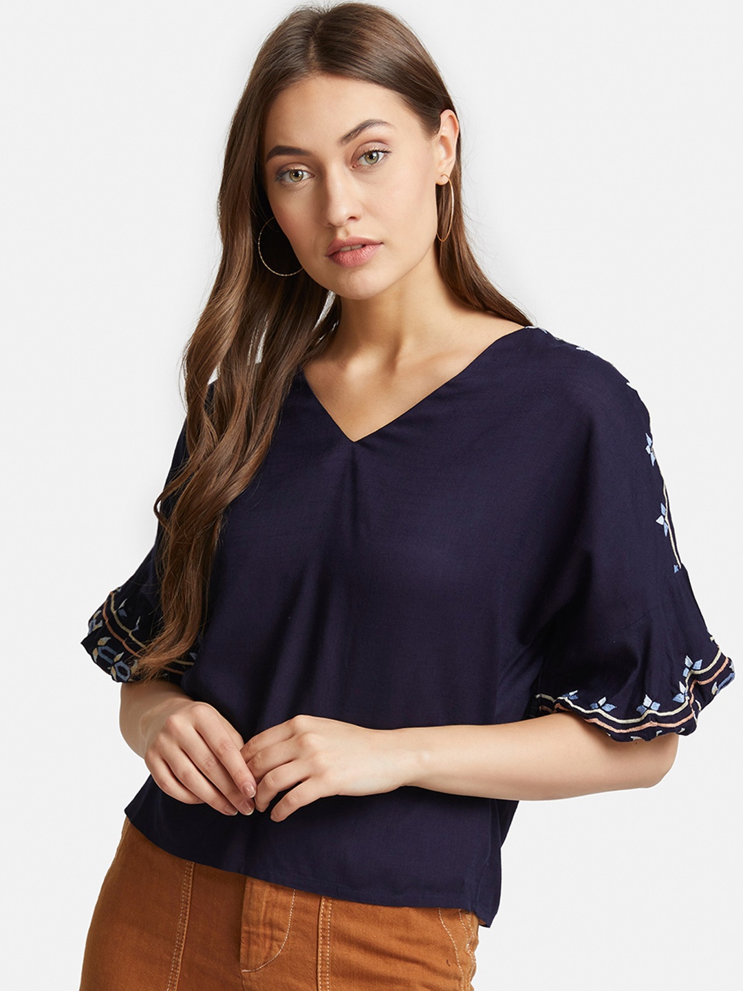 

VividArtsy Women Navy Blue Solid Pure Cotton Top