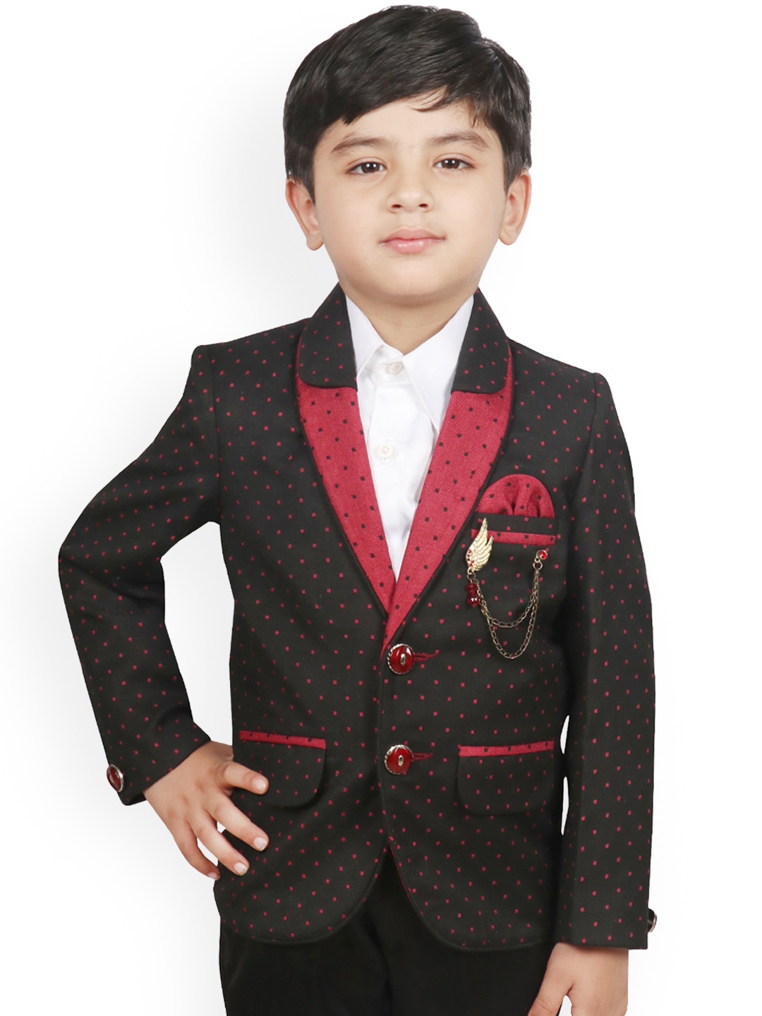

SG YUVRAJ Boys Black & Maroon Self Design Regular-Fit Single-Breasted Blazer