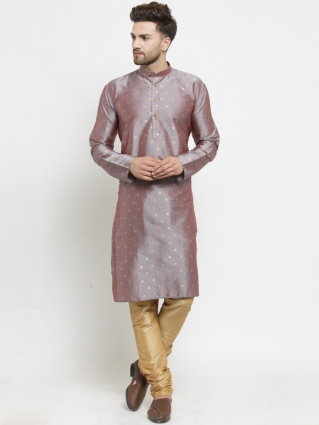 

SOJANYA Men Grey & Pink Self Design Kurta with Churidar