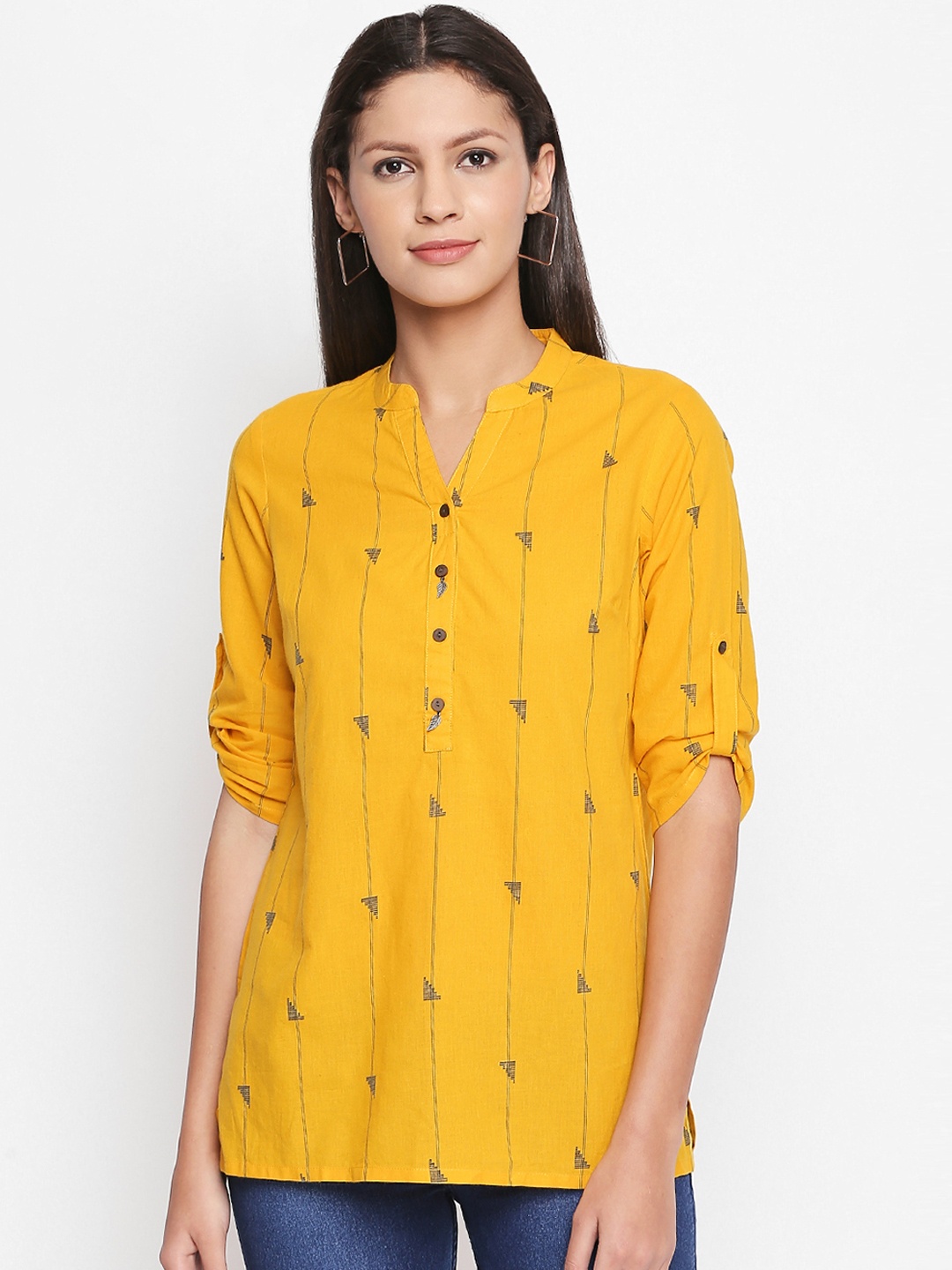 

AKKRITI BY PANTALOONS Women Mustard Yellow Printed Shirt Style Pure Cotton Top