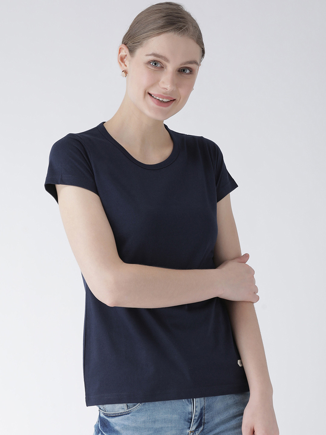 

GRIFFEL Women Navy Blue Solid Pure Cotton Top