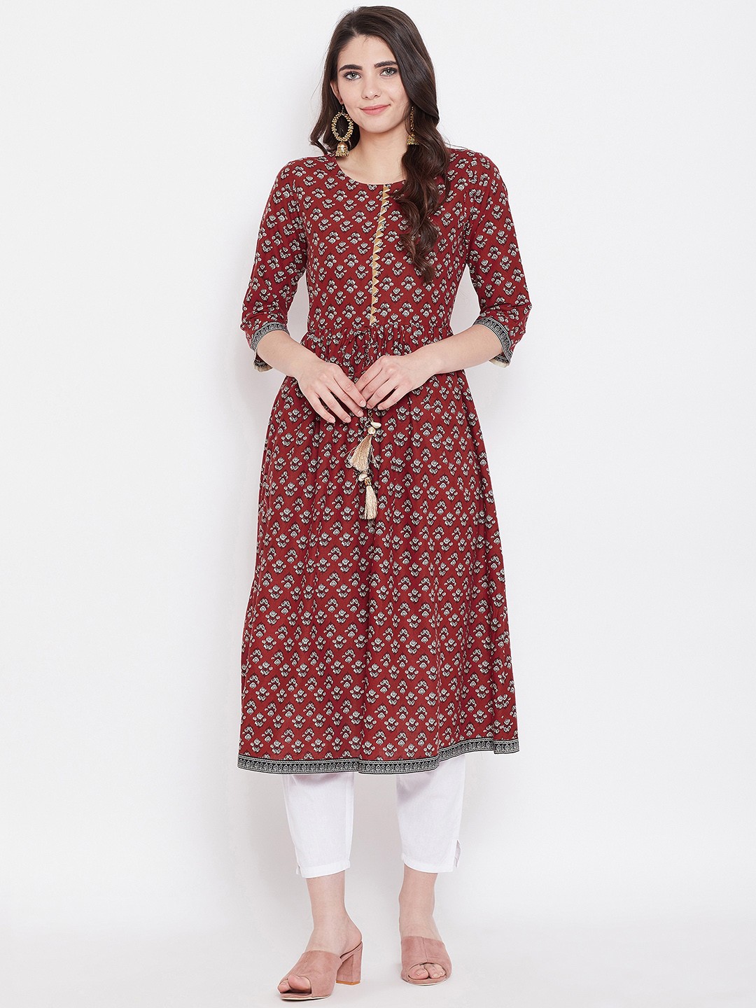 

One of a Kind Women Maroon Printed A-Line Kurti
