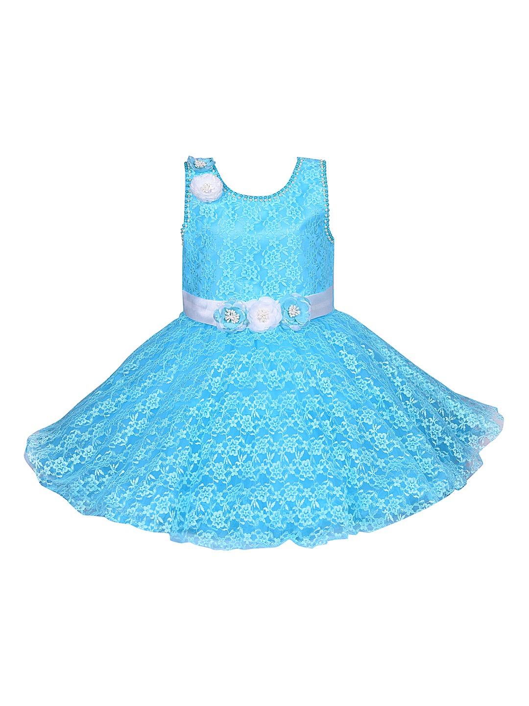 Wish Karo Girls Blue Self Design Fit and Flare Dress