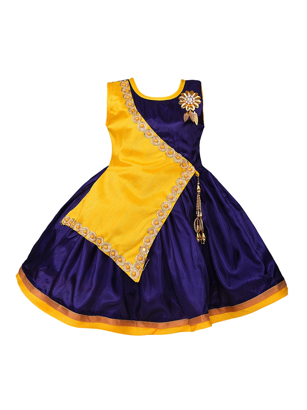 

Wish Karo Girls Yellow & Navy Blue Colourblocked Silk Fit and Flare Dress