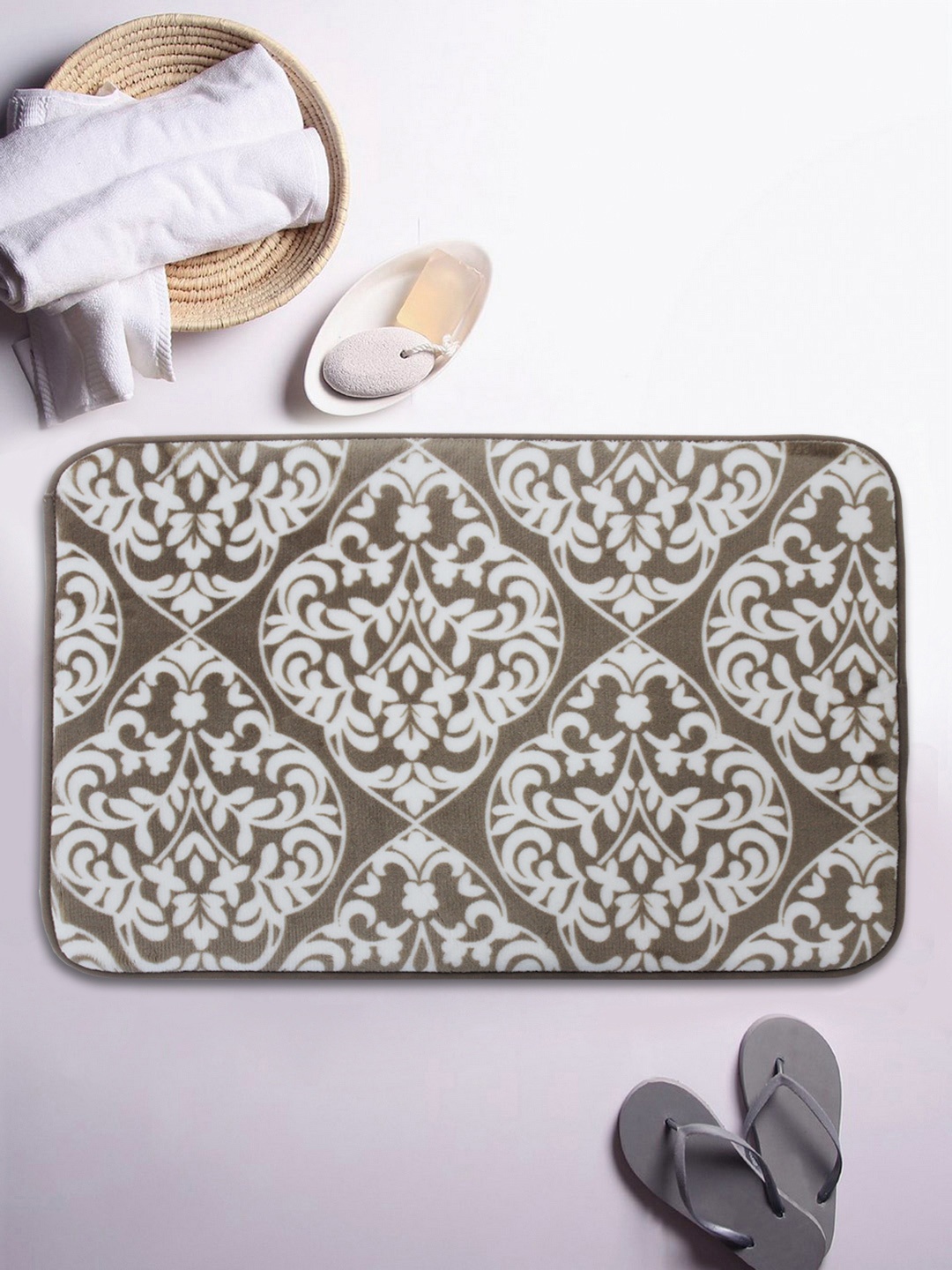 

BIANCA Beige & White Printed Microfibre Anti-Skid Bath Rug