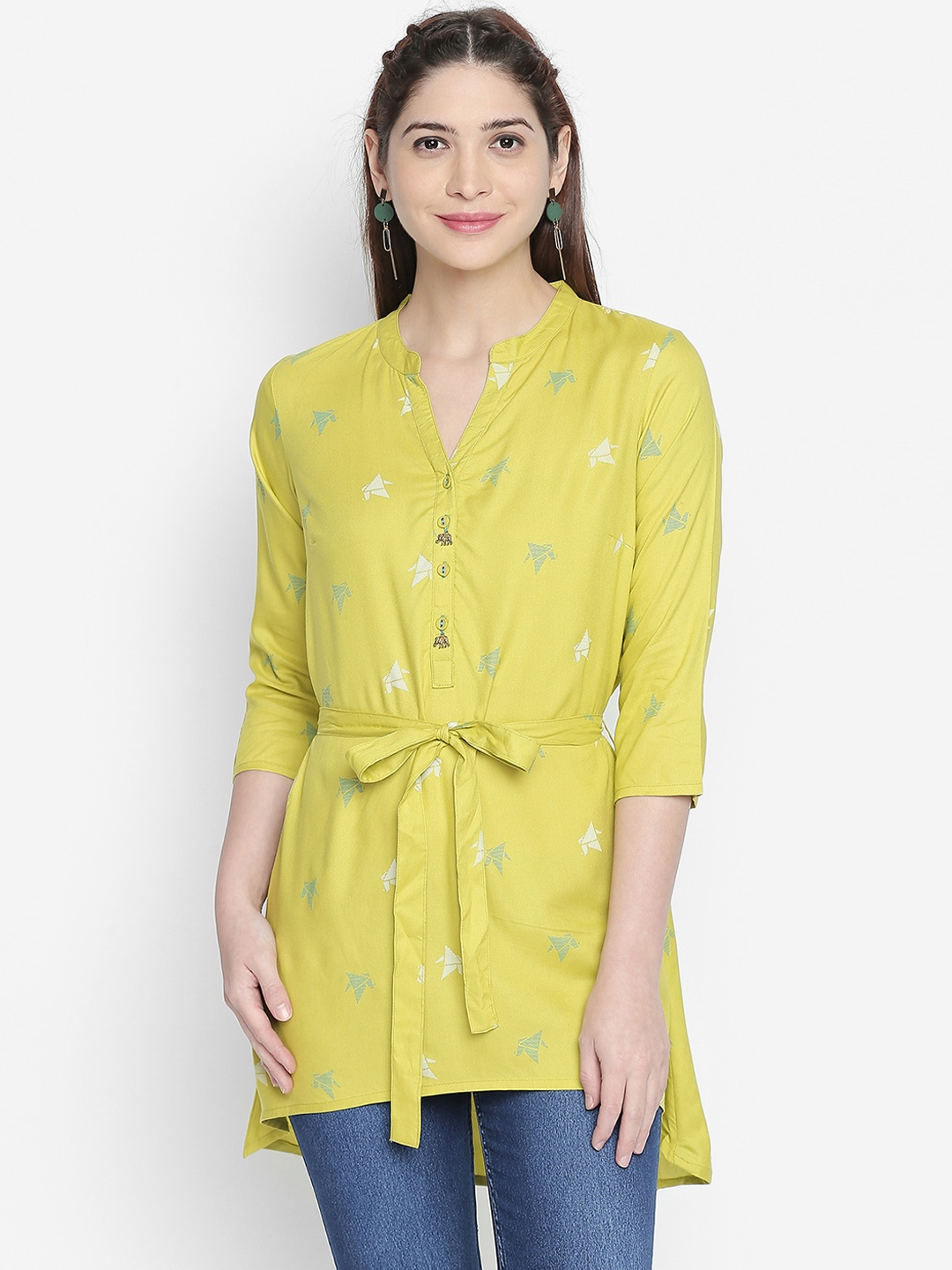 

AKKRITI BY PANTALOONS Women Lime Green Printed Shirt Style Top