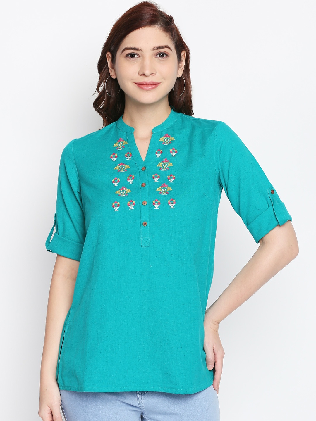 

AKKRITI BY PANTALOONS Women Turquoise Blue Self Design Shirt Style Top
