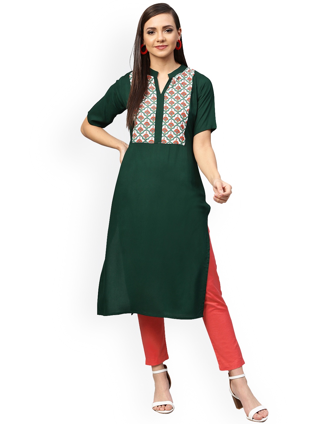 

Ahalyaa Women Green & Red Yoke Design Straight Kurta