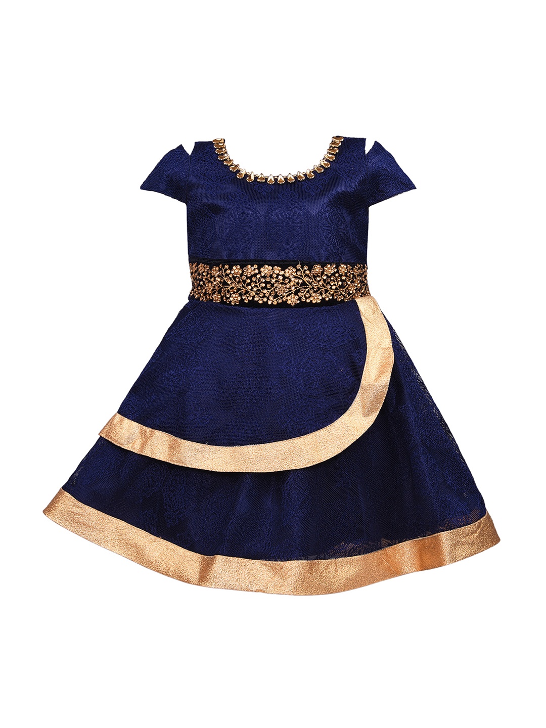 

Wish Karo Girls Navy Blue Self Design Fit and Flare Silk Dress