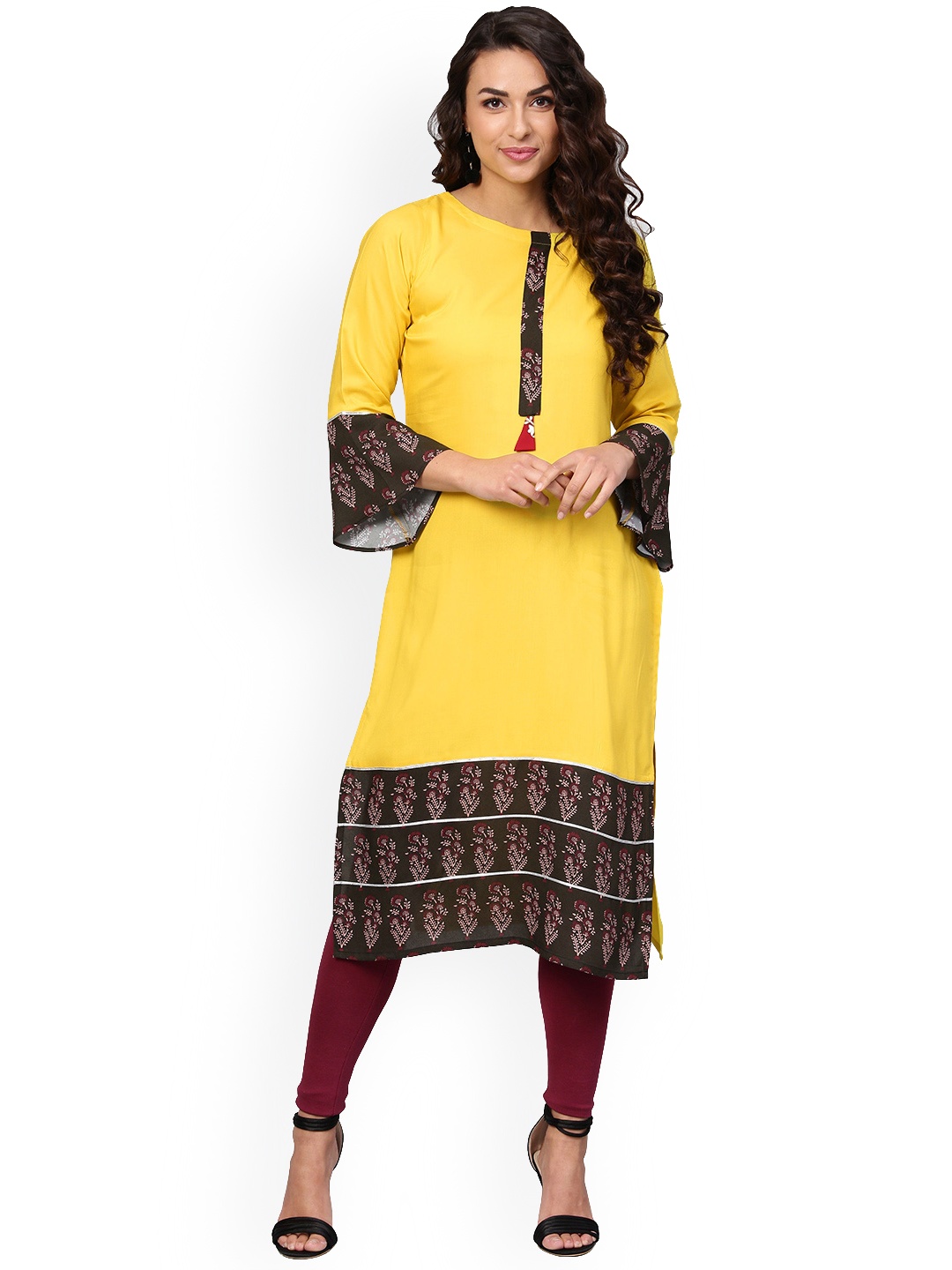 

Ahalyaa Women Yellow & Black Printed Straight Kurta, Mustard