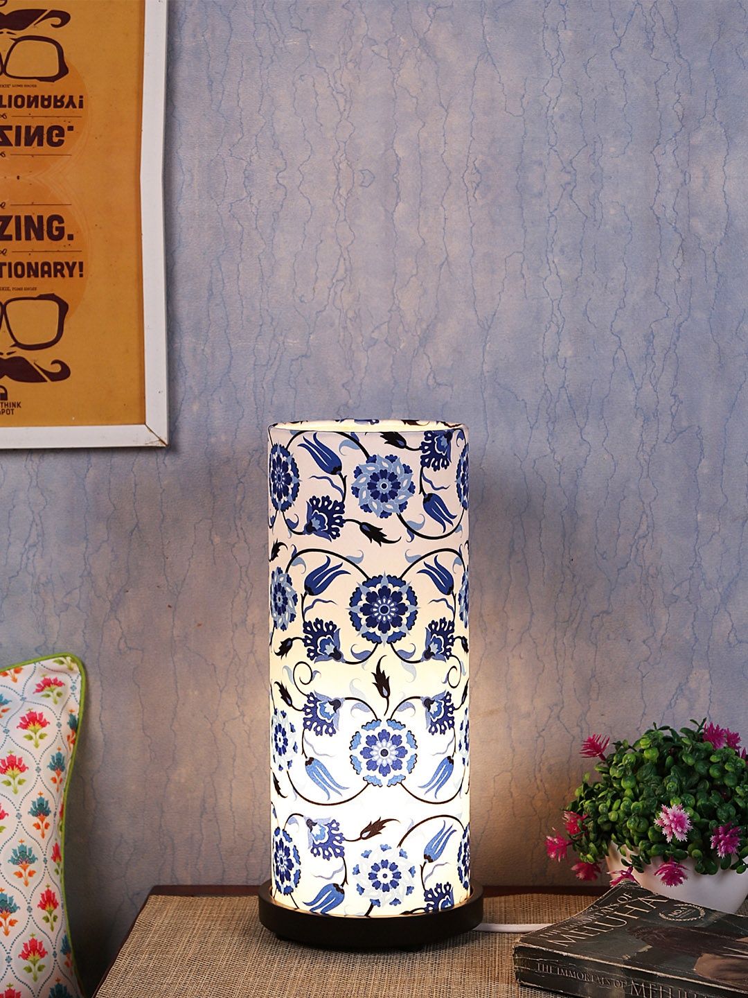 Reinvention Factory Blue & White Iznik Printed Printed Column Table Lamp with Shade