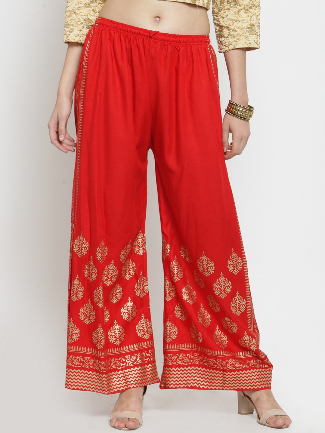 

Clora Creation Women Red & Gold-Toned Printed Straight Palazzos