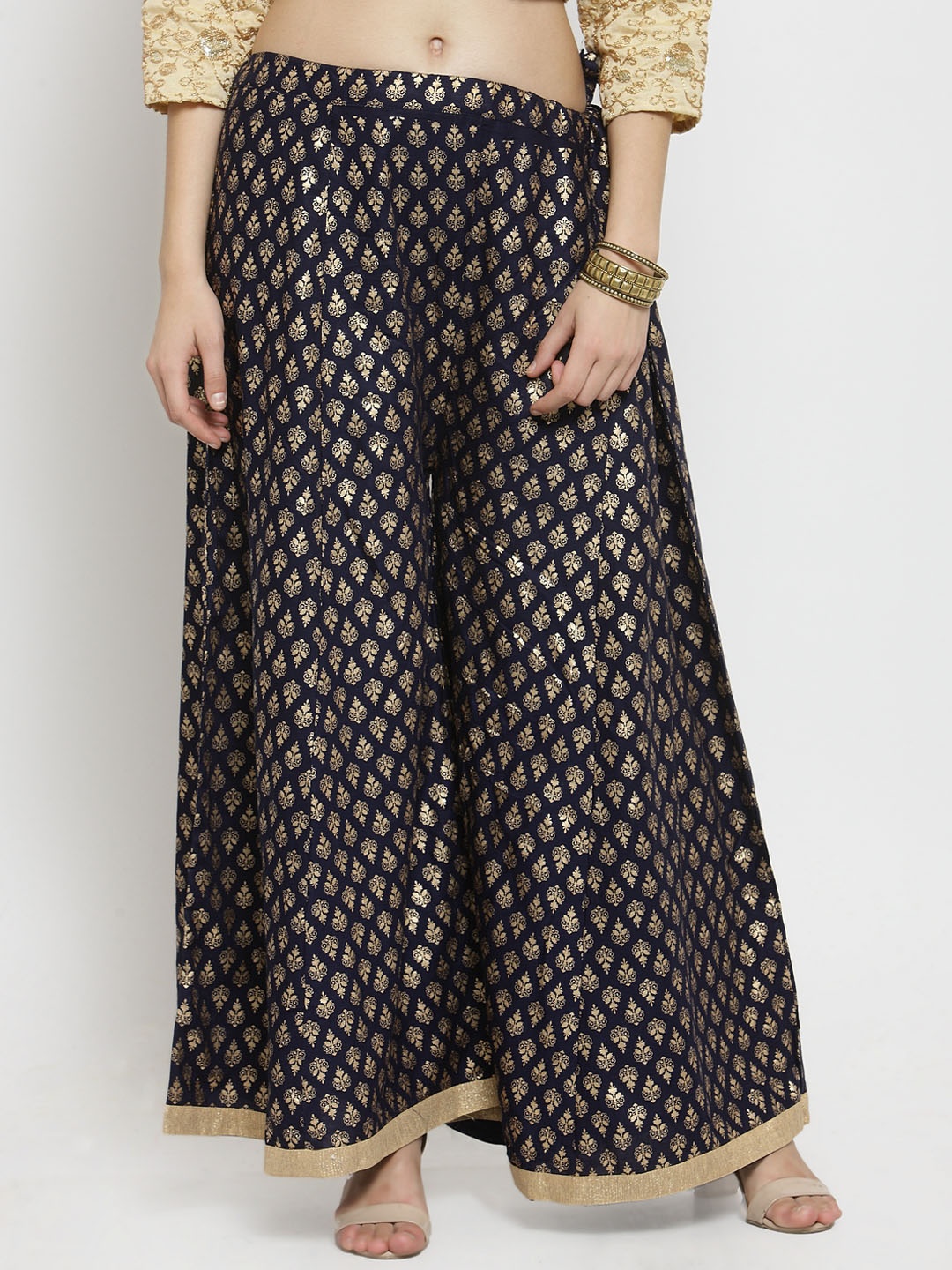 

Clora Creation Women Navy Blue & Gold-Toned Printed Flared Palazzos