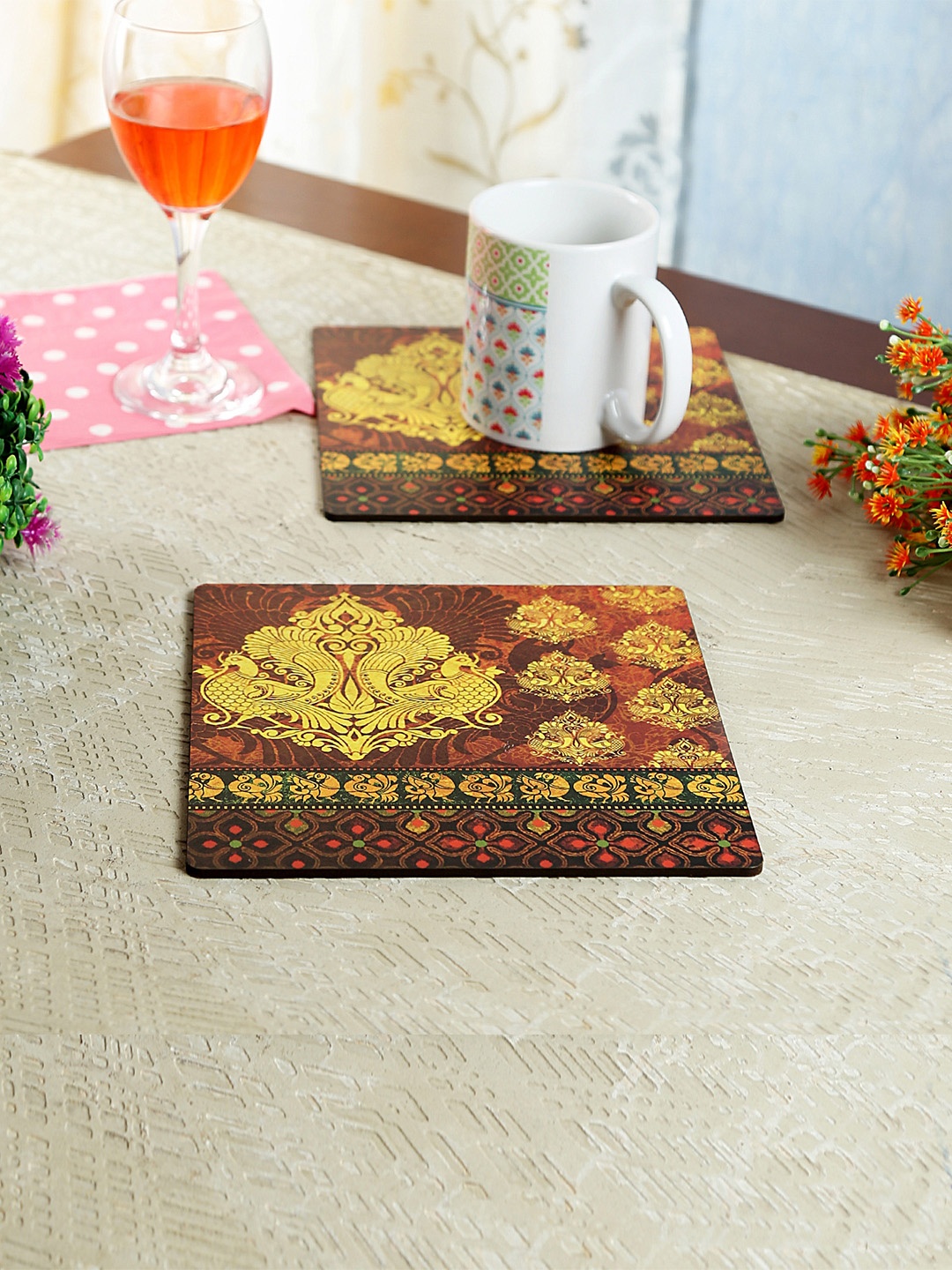 

Reinvention Factory Maroon & Yellow 4-Pieces Textured Wood Coasters