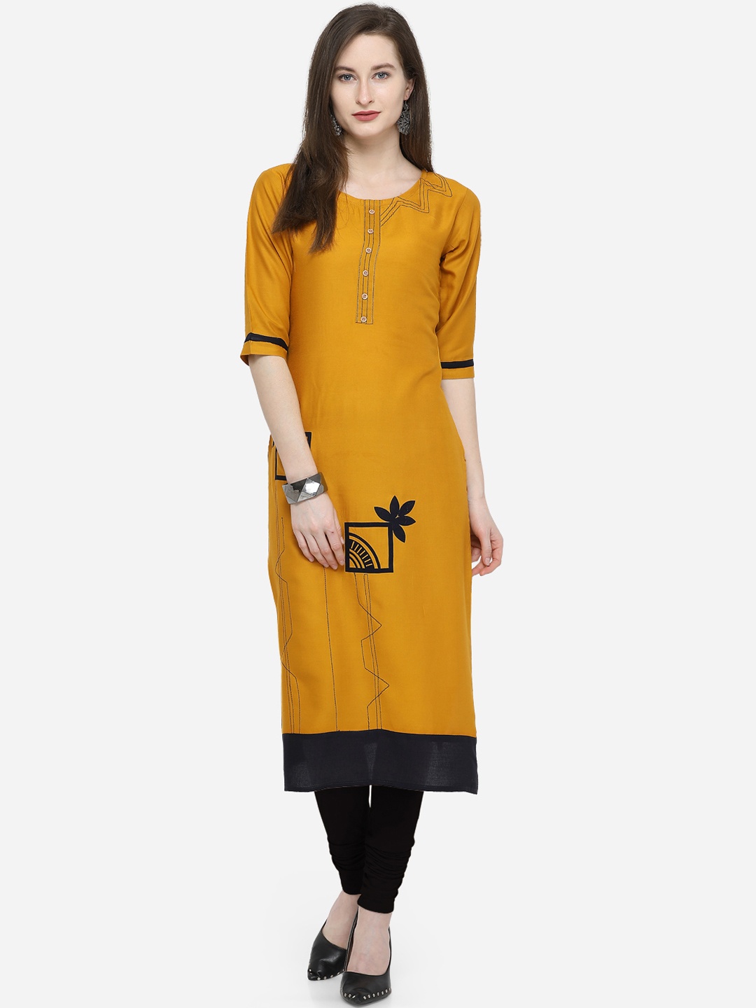 

Kvsfab Women Mustard & Navy Blue Solid Straight Kurta