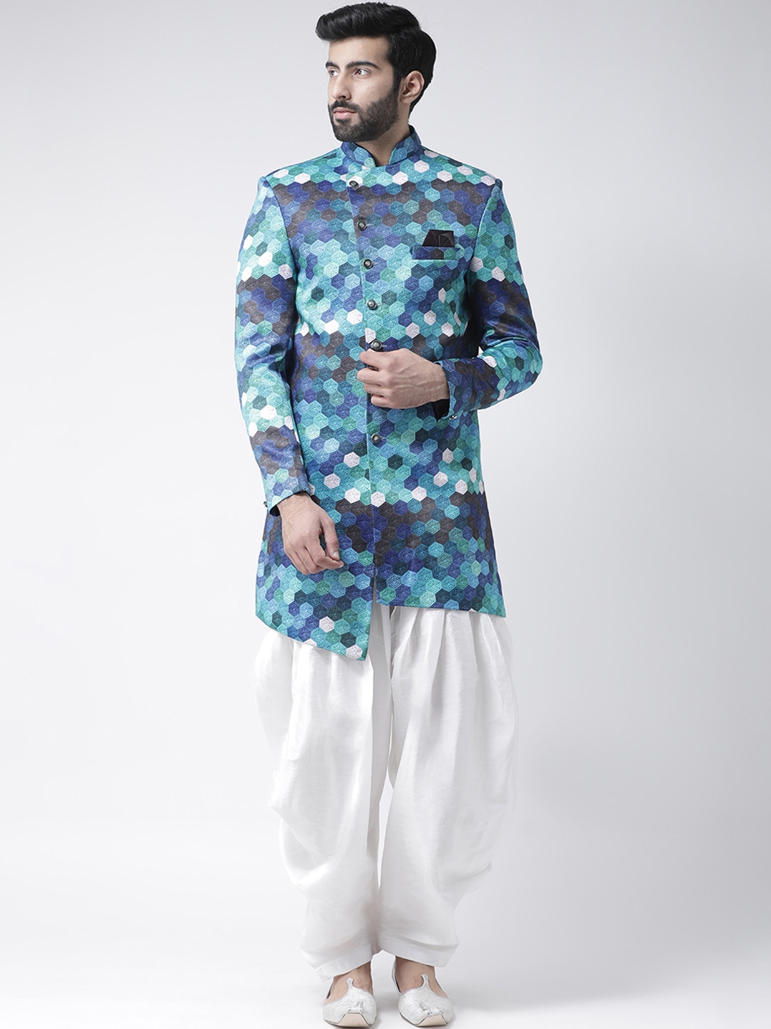

Hangup Men Blue & White Sherwani With Dhoti Pants