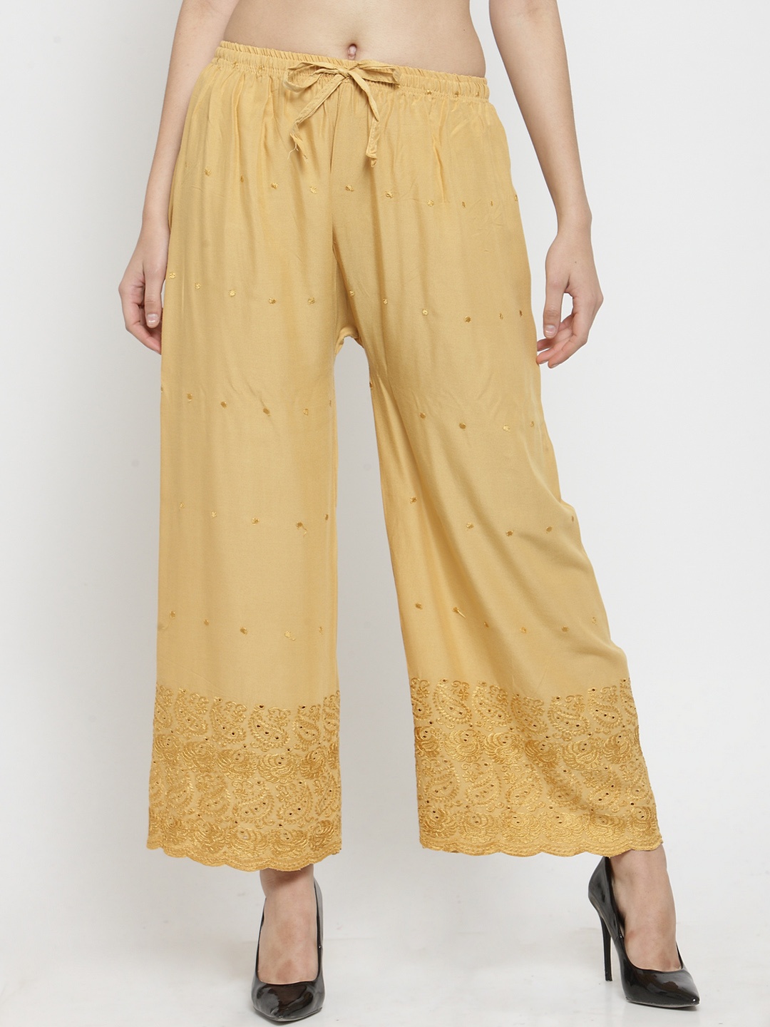 

Clora Creation Women Beige Embroidered Straight Palazzos