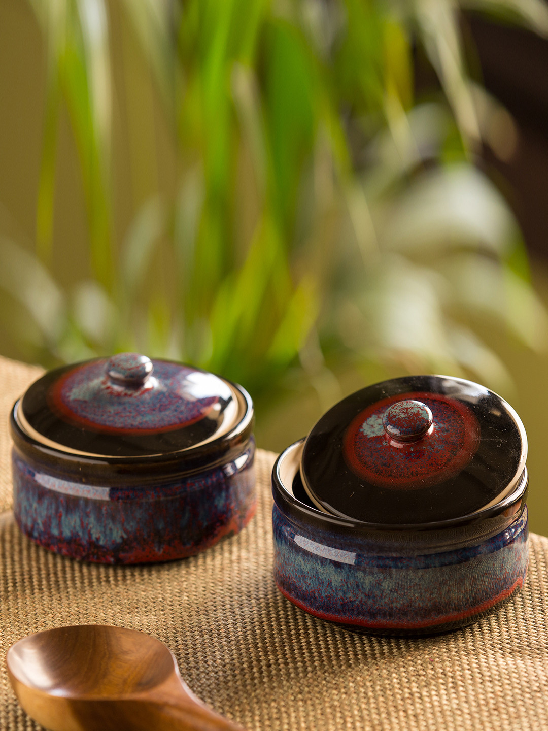 

ExclusiveLane Crimson Sky Set of 2 Printed Ceramic Serving Handi with Lid, Blue