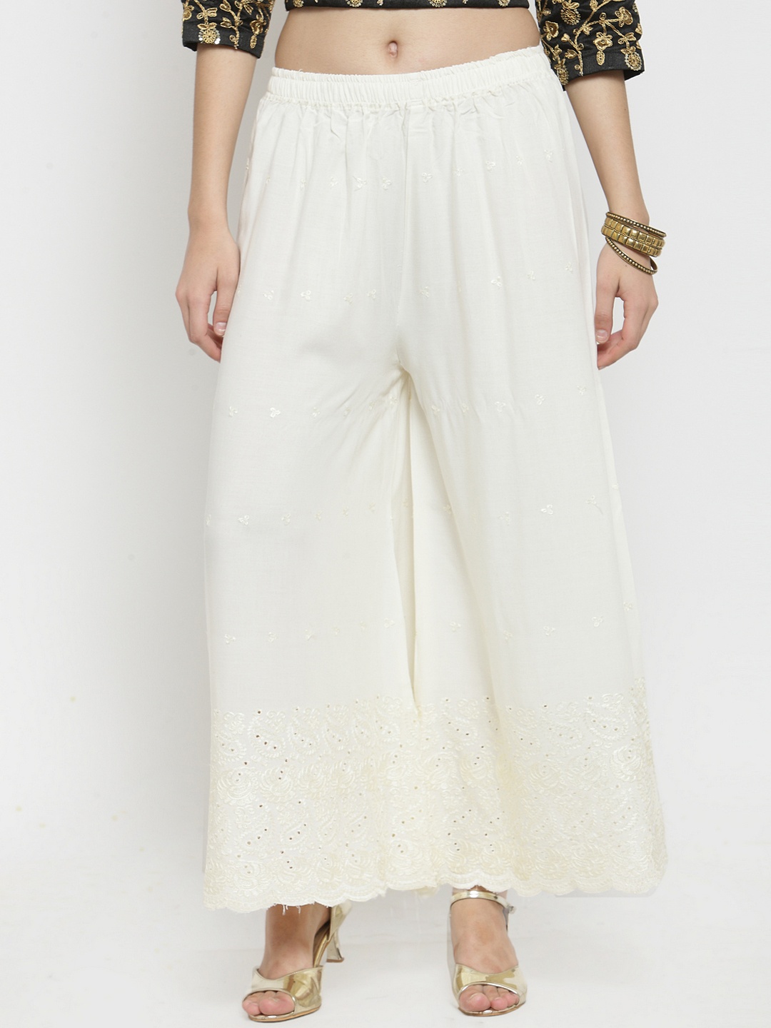 

Clora Creation Women Off-White Wide Leg Embroidered Palazzos