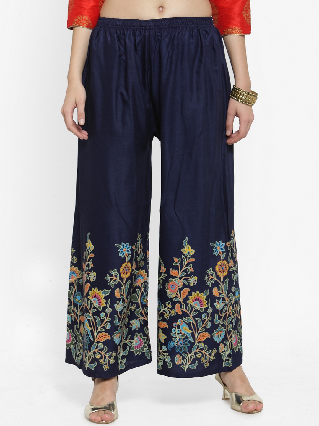 

Clora Creation Women Navy Blue Embroidered Wide Leg Palazzos