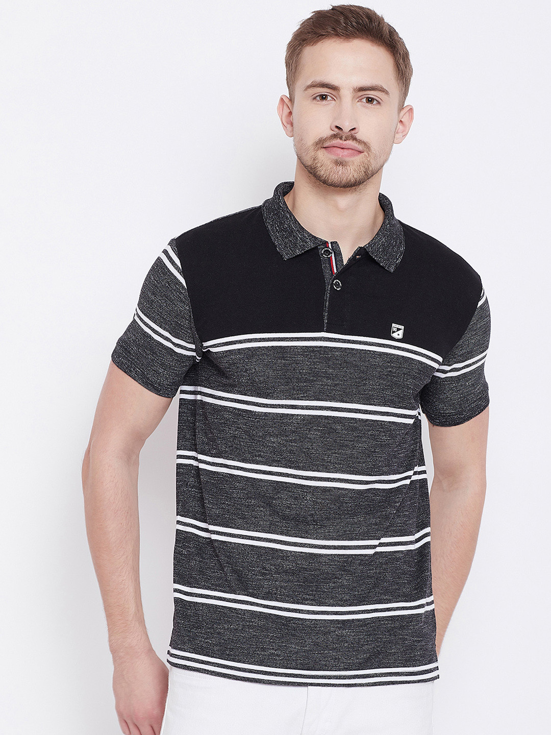 

Duke Men Black Striped Polo Collar T-shirt