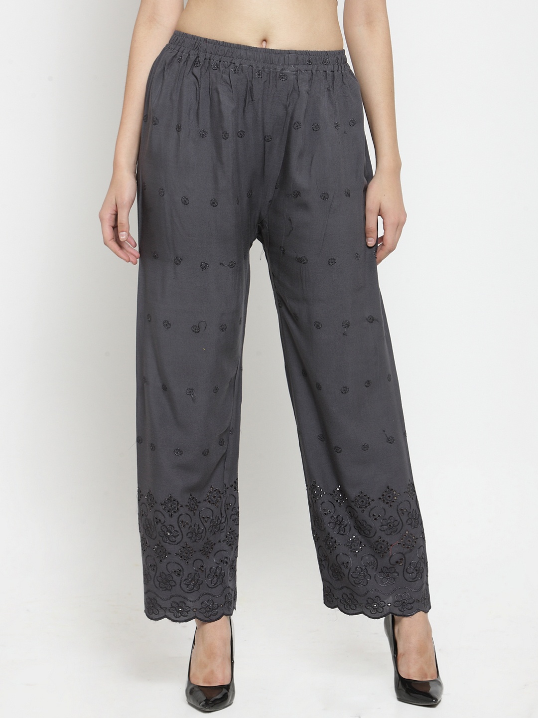 

Clora Creation Women Grey Straight Embroidered Palazzos