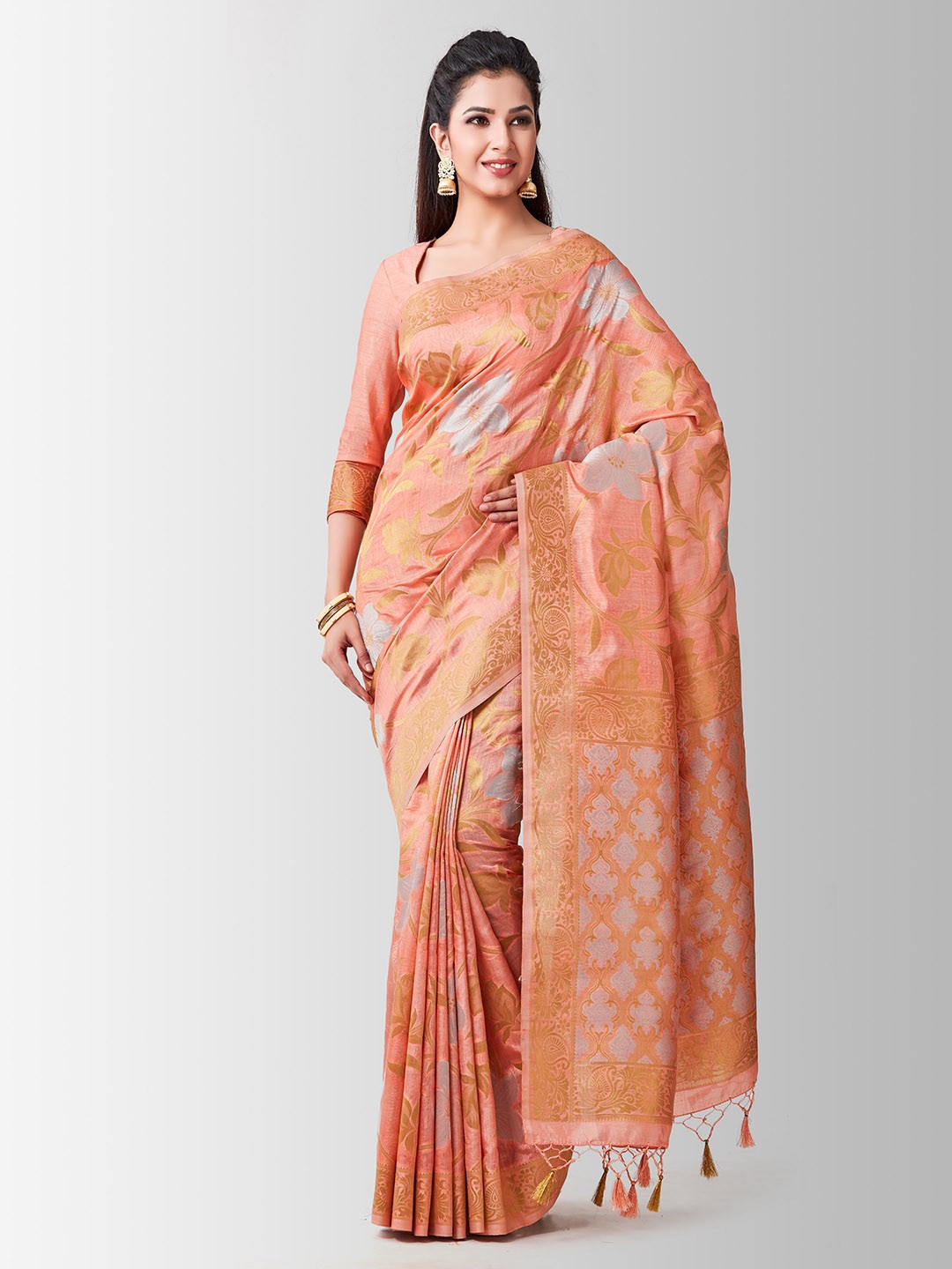 

MIMOSA Peach-Coloured Art Silk Woven Design Kanjeevaram Saree