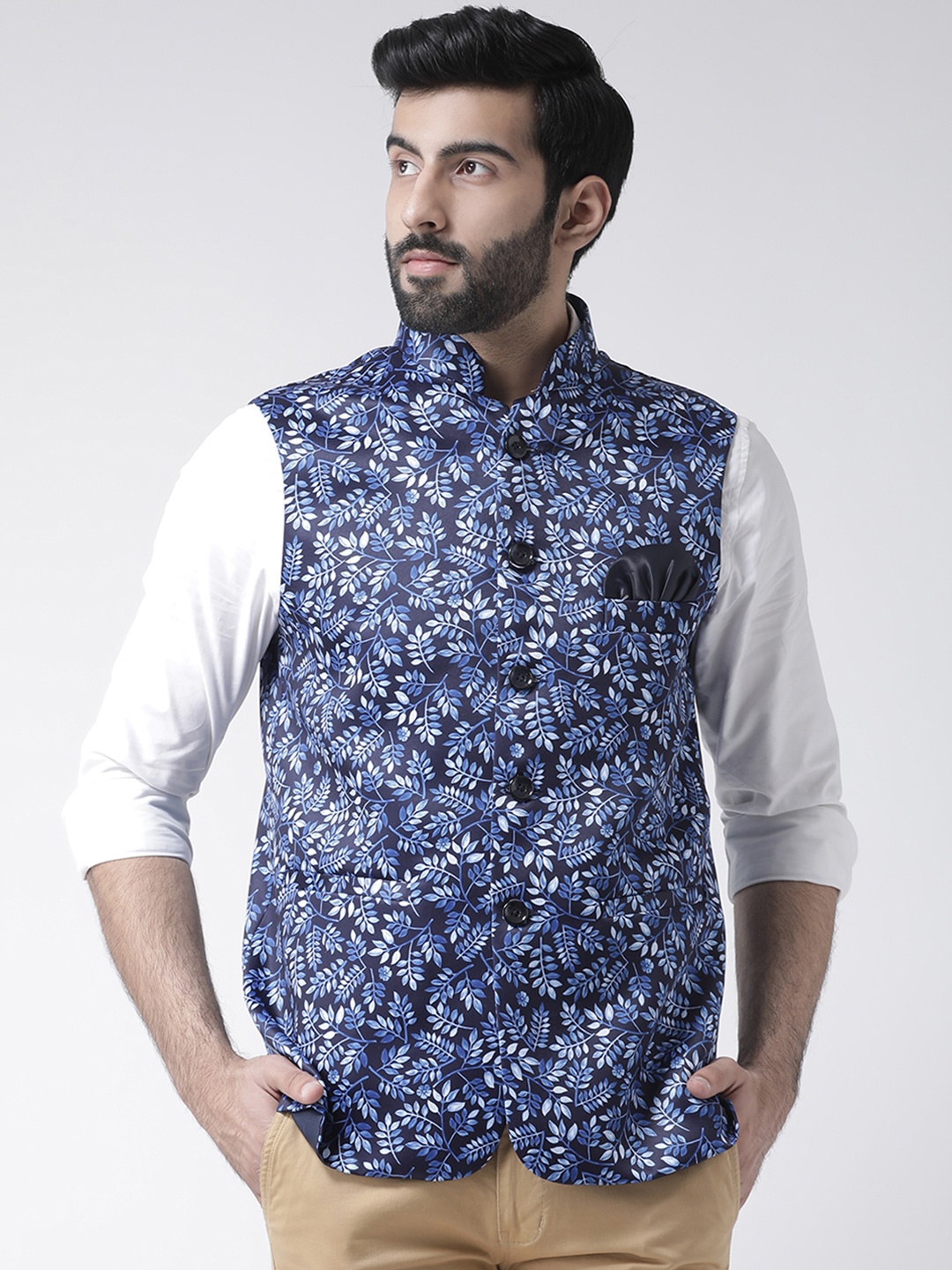 

Hangup Men Blue Printed Nehru Jacket